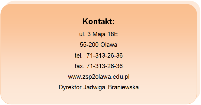 Kontakt: ul. 3 Maja 18E, 55-200 Oława, tel. 71-313-26-36, fax 71-313-26-36, www.zsp2olawa.edu.pl, Dyrektor Jadwiga Braniewska.